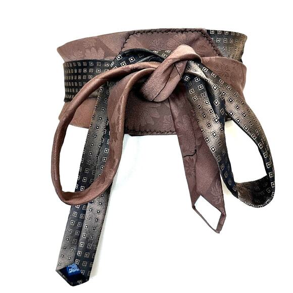 Unique Satin Obi Belt Wide One Size Wrap Brown Cocoa Upcycled Necktie Ties - Picture 1 of 5